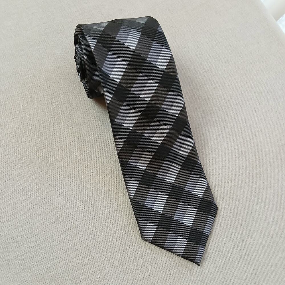 Kenneth Cole Reaction Greyscale Plaid Textured Silk Necktie black tartan